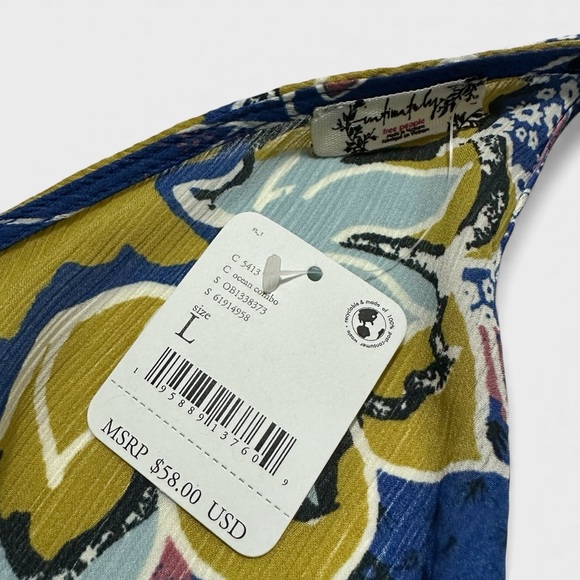 Free People Crop Top Large Blue Gold Weekend In Montauk Floral Smocked NWT - Picture 10 of 14